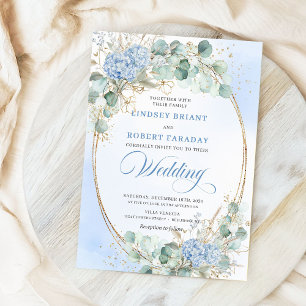 Mjuk Blå Hydrangea Vete Guld Elegant Bröllop Inbjudningar
