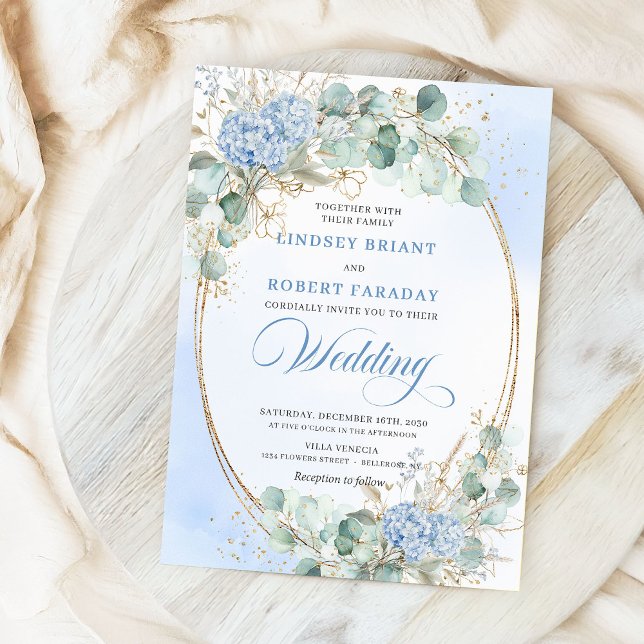 Mjuk Blå Hydrangea Vete Guld Elegant Bröllop  Inbjudningar (Soft Blue Hydrangea Wheat Gold Elegant Wedding Invite)