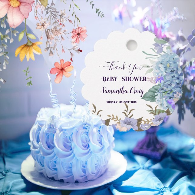 Mjuk blå liten blomma Hydrangea Baby Shower Gåvor Etiketter (Soft Blue Little Flower Bud Hydrangea Baby Shower Favor Tags)