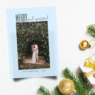 Mjuk Blå Minimal Glädjestrålande Gift Bröllop Två Julkort