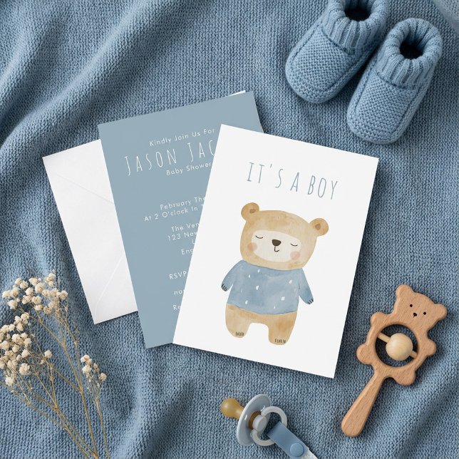 Mjuk blå Nalle sömnig babyvisningsprogram Inbjudningar (Soft Blue Teddy Bear sleepy Baby Shower Invitation)