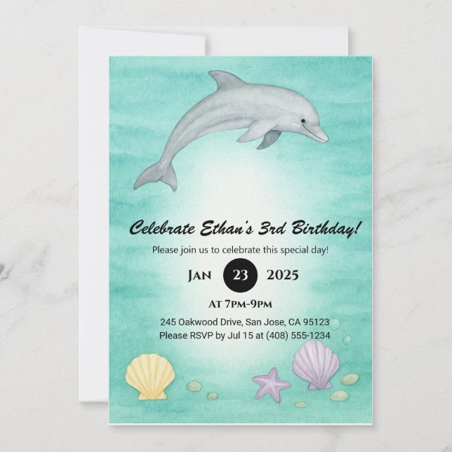 Mjuk blå ocean delfin illustration födelsedag  inbjudningar (Framsida)