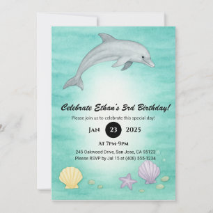 Mjuk blå ocean delfin illustration födelsedag  inbjudningar
