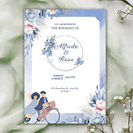 Mjuk blå och vit blomsterillustrativ bröllops- inbjudningar