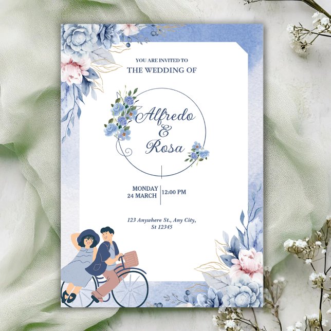 Mjuk blå och vit blomsterillustrativ bröllops- inbjudningar (Skapare uppladdad)