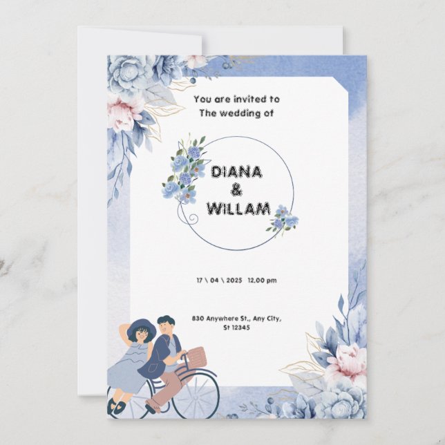 Mjuk blå och vit blomsterillustrativ bröllopsinbju spara datumet (Framsida)