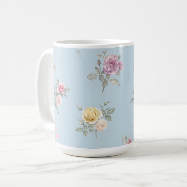Mjuk Blå Ros Vattenfärg Blommig Kaffemugg (Framsida vänster)