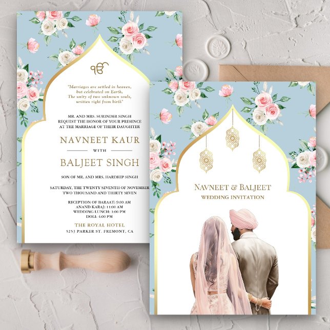 Mjuk Blå Rosa Blommig Anand Karaj Sikh Bröllop Inbjudningar (Skapare uppladdad)