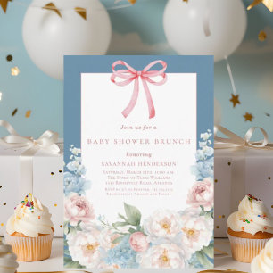 Mjuk blå Rosa Blommigt Bow Baby Shower Brunch Inbjudningar
