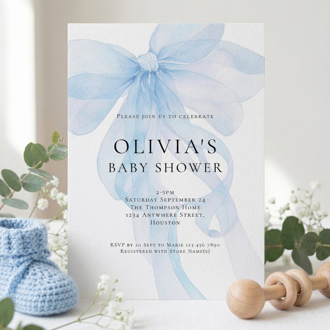 Mjuk blå rosett text överlägg baby shower inbjudningar (Skapare uppladdad)