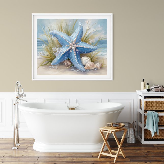 Mjuk Blå Sjöstjärna Kustvägg Konsttryck | Affisch (Soft Blue Starfish Coastal Wall Art Print | Poster by TinkPrints.)
