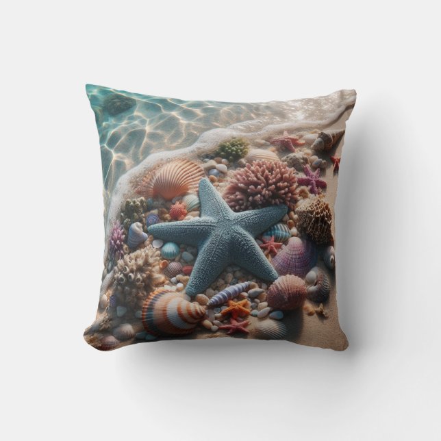 Mjuk blå sjöstjärna snäckor strand  kudde (Framsida)