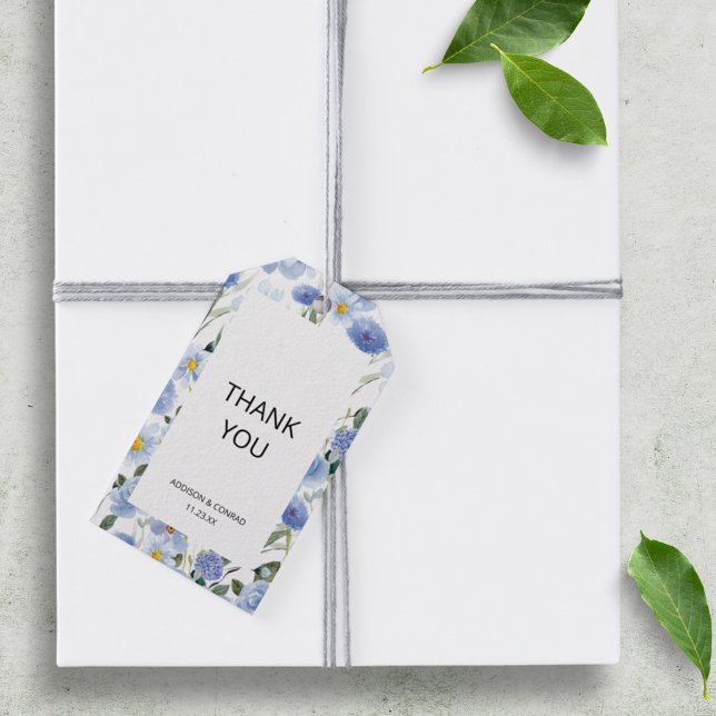 Mjuk blå vattenfärg Botaniska Bröllop Presentetikett (Skapare uppladdad)