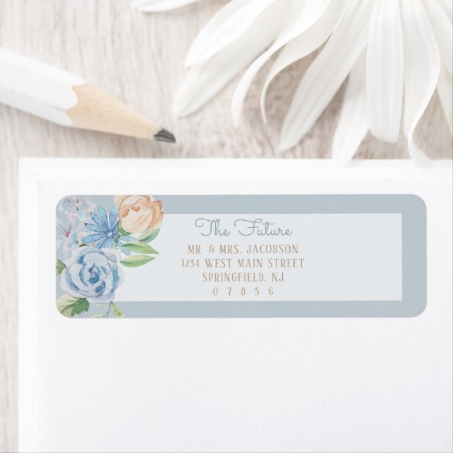 Mjuk blå vattenfärgskalig Blommigt Returadress Etikett (Insitu)