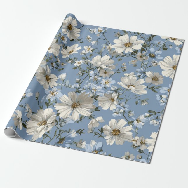 Mjuk Blå Vit Ditsy Blomma Pastell Boho 70-tal  Presentpapper (Utrullad)