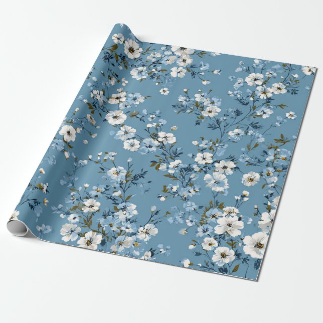 Mjuk Blå Vit Ditsy Blomma Pastell Boho 70-tal  Presentpapper (Utrullad)