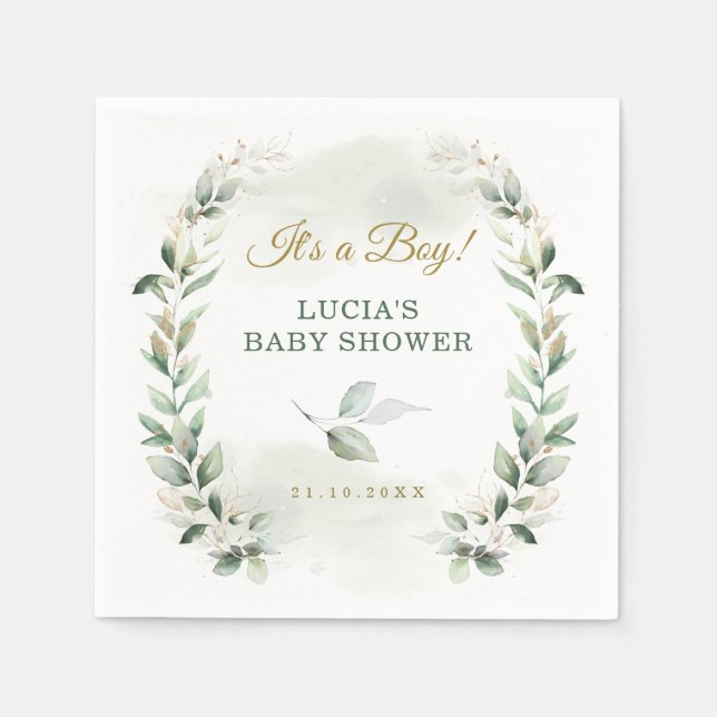 Mjuk Bladrik Grön Guld Krans Baby Shower Pappersservett (Framsidan)