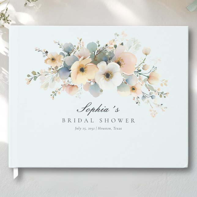 Mjuk blom elegant bröllopsdusch Blå gästbok (Soft Bloom Elegant Bridal Shower Blue Guest Book)