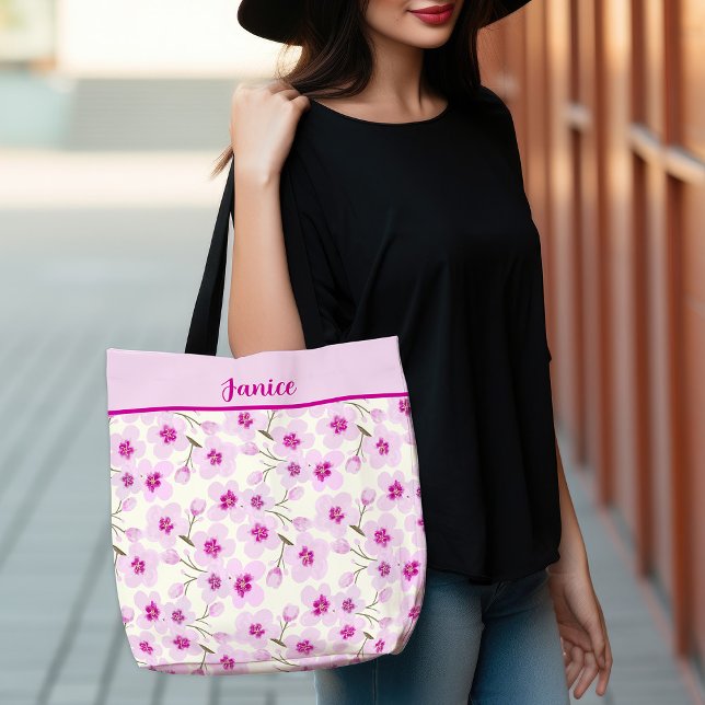 Mjuk Blommar av Rosa Sakura Cherry Tygkasse (Watercolor Cherry Blossoms And Cream Tote Bag)