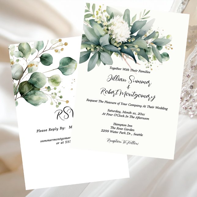 Mjuk Blommig Grönska Guldaccent Bröllop  Inbjudningar (Soft Floral Greenery Gold Accent Wedding Invitation)