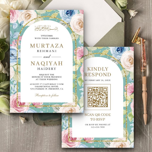 Mjuk Blommig Guld Båge QR Kod Mint Muslimsk Bröllo Inbjudningar (Skapare uppladdad)