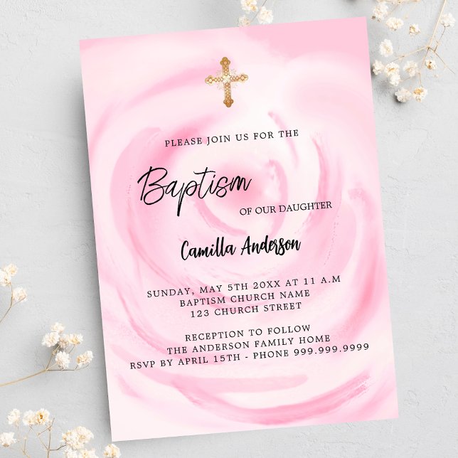 Mjuk blommigt flicka i rosa Baptism Inbjudan Vykort (Skapare uppladdad)