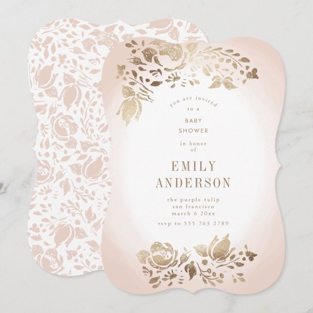 Mjuk Blommigt Foil Musk Rosa Baby Shower Inbjudningar (Fram/baksida)