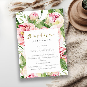 Mjuk Blommigt för Grönt Peony Watercolor Baptism Inbjudningar