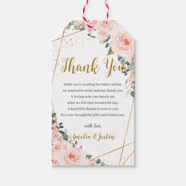 Mjuk Blommigt för  Rosa, Ro Baby Shower-favoriter Presentetikett (Framsidan)