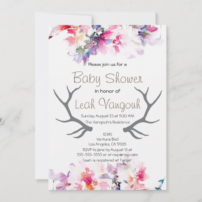 Mjuk Blommigt och Antler Baby Shower-inbjudan Inbjudningar (Framsida)
