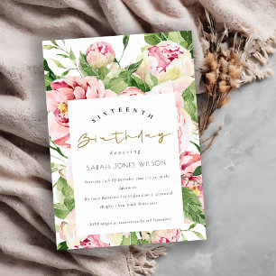 Mjuk Blommigt Peony Valfri Ålder Sweet 16 Birthda Inbjudningar