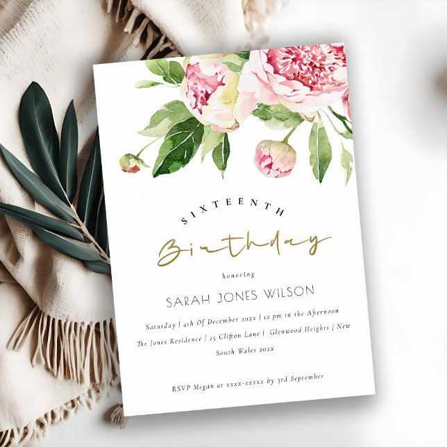 Mjuk  Blommigt Peony Valfri Ålder Sweet 16 Birthda Inbjudningar (Skapare uppladdad)