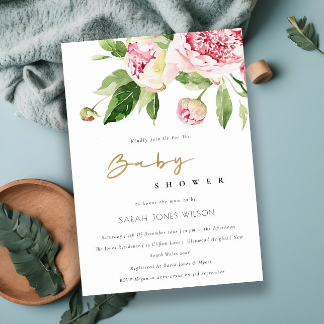 Mjuk  Blommigt Peony Watercolor Baby Shower Inbjudningar (Skapare uppladdad)