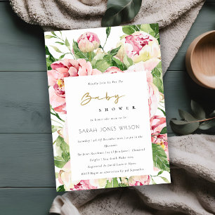 Mjuk Blommigt Peony Watercolor Baby Shower Inbjudningar