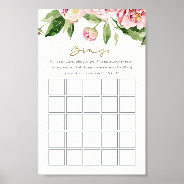 Mjuk  Blommigt Peony Watercolor Bingo Game Poster (Framsidan)