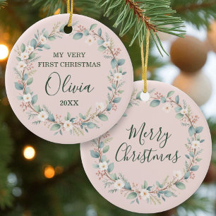 Mjuk  Blommigt Ram Baby första jul Julgransprydnad Keramik