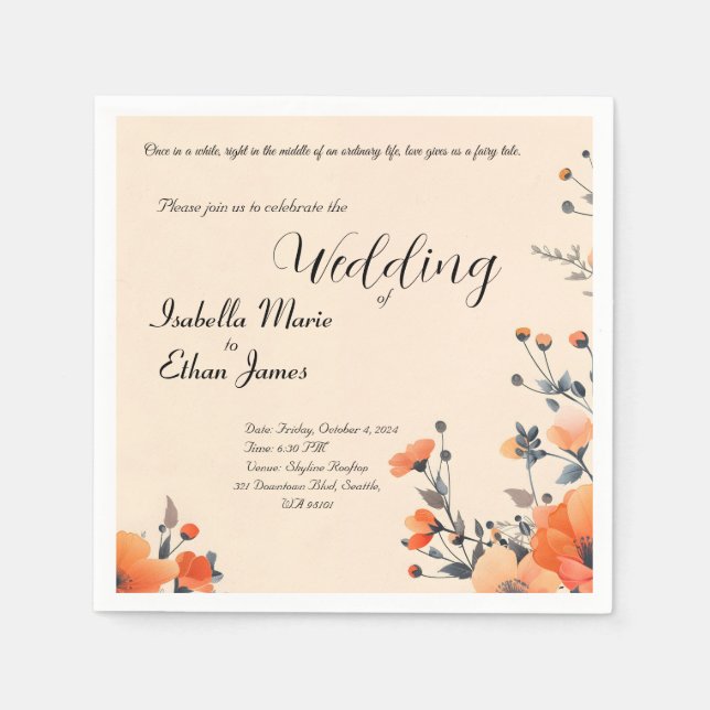 Mjuk blommigt - romantisk bröllopsinbjudan pappersservett (Framsidan)