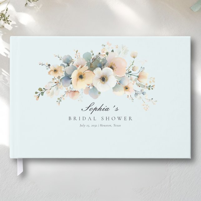 Mjuk blomning Elegant bröllopsdusch Blå Gästböcker (Soft Bloom Elegant Bridal Shower Green Guest Book)