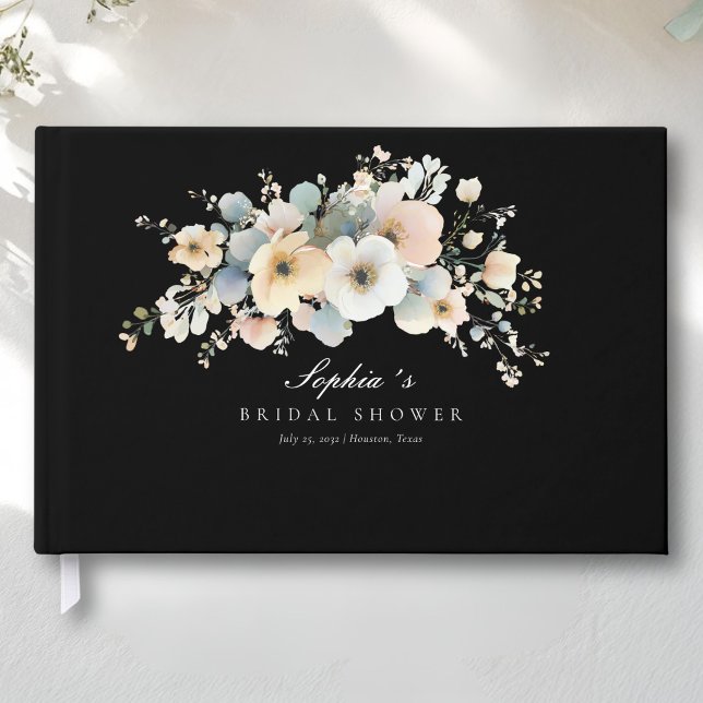 Mjuk Bloom Elegant Bröllopsfest Svart Gästböcker (Soft Bloom Elegant Bridal Shower Black Guest Book)