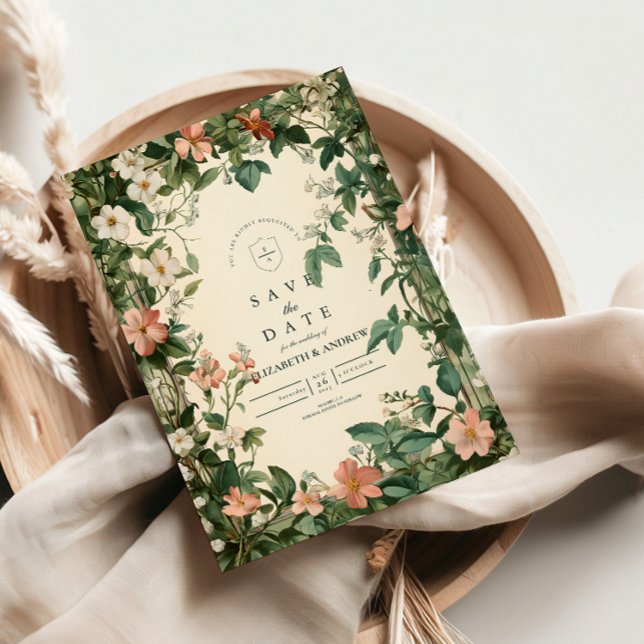 Mjuk Blush Art Nouveau Bröllop med Blommig Konst Spara Datumet (Skapare uppladdad)