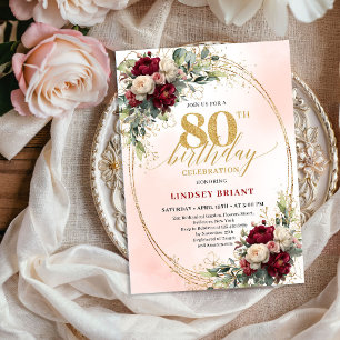Mjuk Blush Boho Blommig 80-års Födelsedagsfest Inb Inbjudningar
