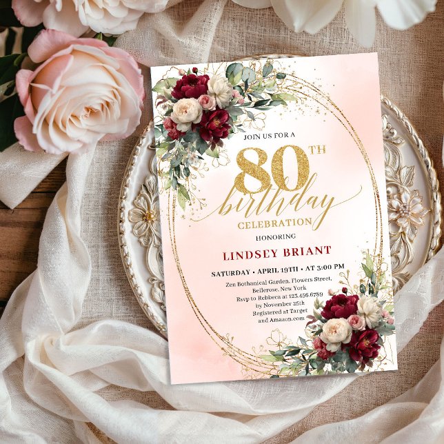 Mjuk Blush Boho Blommig 80-års Födelsedagsfest Inb Inbjudningar (Soft Blush Boho Floral 80th Birthday Party Invitation)
