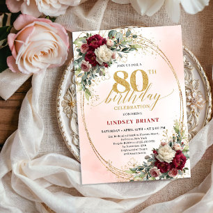 Mjuk Blush Boho Blommig 80-års Födelsedagsinbjudan Inbjudningar