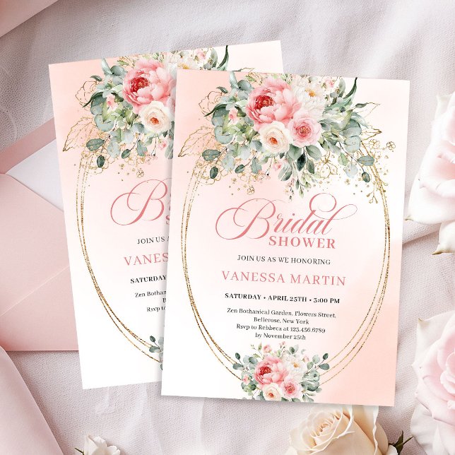 Mjuk Blush och Guld Botanisk Bröllopsfestinbjudan Inbjudningar (Soft Blush and Gold Botanical Bridal Shower Invitation)
