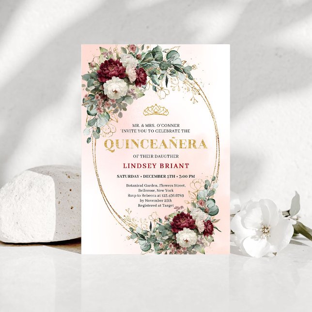 Mjuk bohemisk Marsala blommor guld 15-årsdag  Inbjudningar (Soft Bohemian Marsala Flowers Gold 15th Birthday Invite)