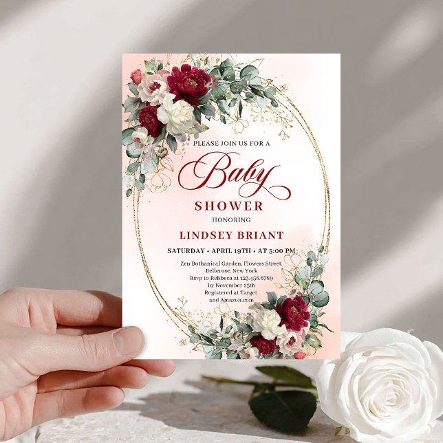 Mjuk Boho-Burgundy Grönska Bebis Shower Inbjudan (Soft Bohemian Burgundy Greenery Baby Shower Invitation)