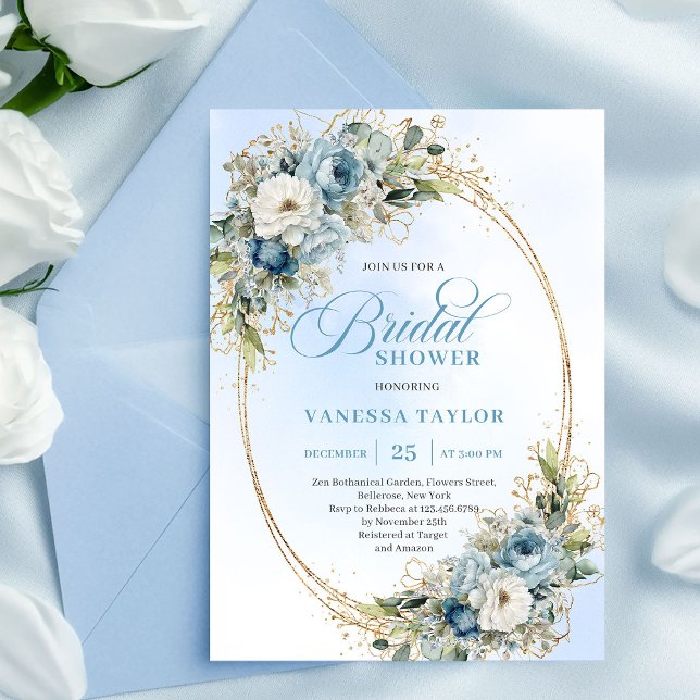 Mjuk Boho Dammig Blå Blommig Bröllopsfest Inbjudningar (Soft Dusty Blue Floral Greenery Bridal Shower Invitation)
