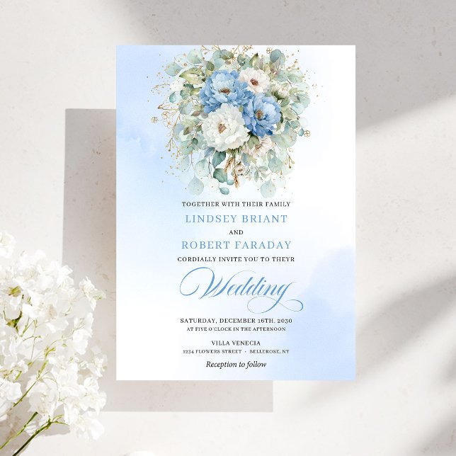 Mjuk Boho Dammig Blå Vit Peony Grönska Bröllop Inbjudningar (Soft Boho Dusty Blue White Peony Greenery Wedding)