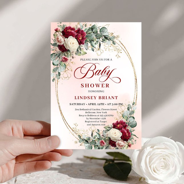 Mjuk Boho Marsala Peony Barnkalas Inbjudan (Soft Boho Marsala Peony Baby Shower Invite)