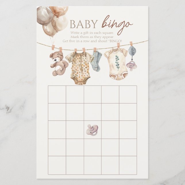 Mjuk Boho Neutral Babykläder Bingo Spel (Framsida)